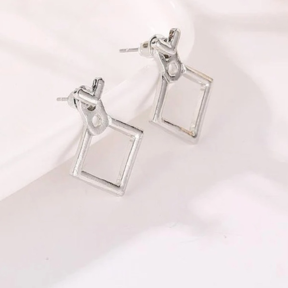[SILVER]Modern Minimal Geometric Square Versatile Stud Earrings EarJacket - Picture 2 of 15